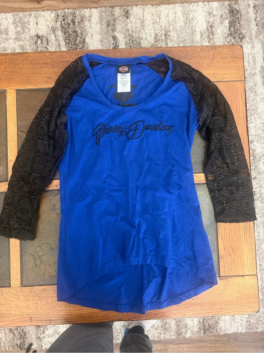 Harley-Davidson Royal Blue Top with Black Lace Sleeves